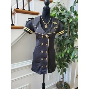 Delicious Women Solid Black Polyester Collared Short Sleeve Knee Length Dress S